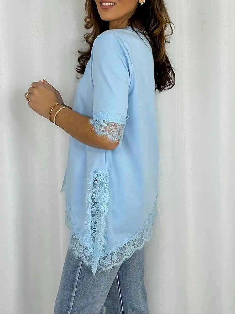 Women Round Neck Patchwork Lace Irregular Casual Top