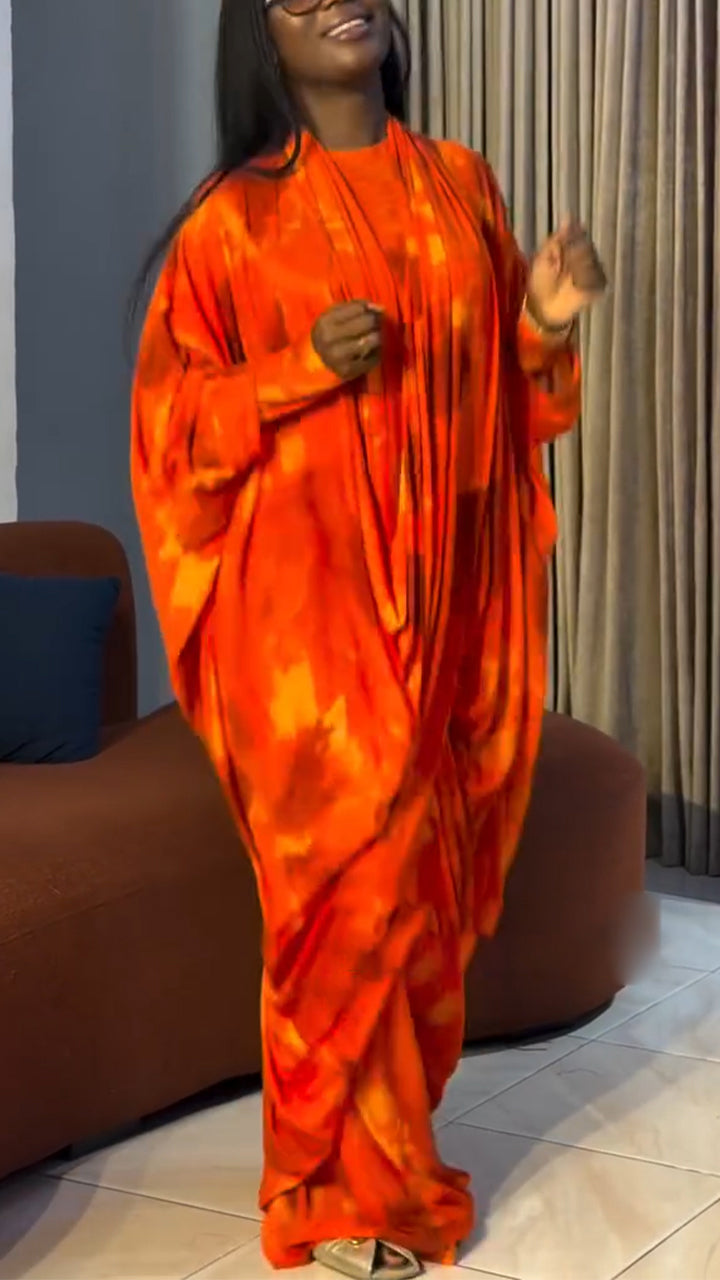 Women Round Neck Tie Dye Dress + Cover-up Casual Set