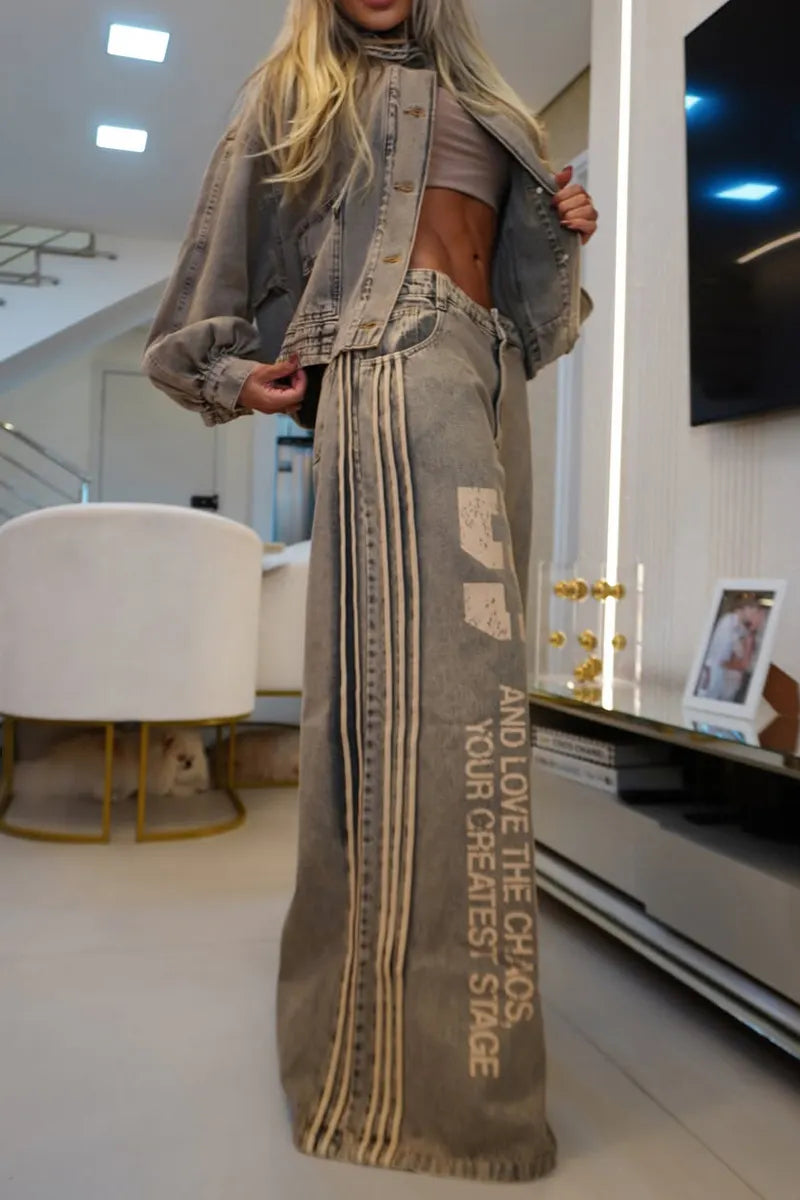 Women Stand Up Collar Denim Jacket or Printed Letter Wide Leg Jeans