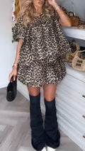 Women Round Neck Leopard Print Top + Half Skirt Casual Suit