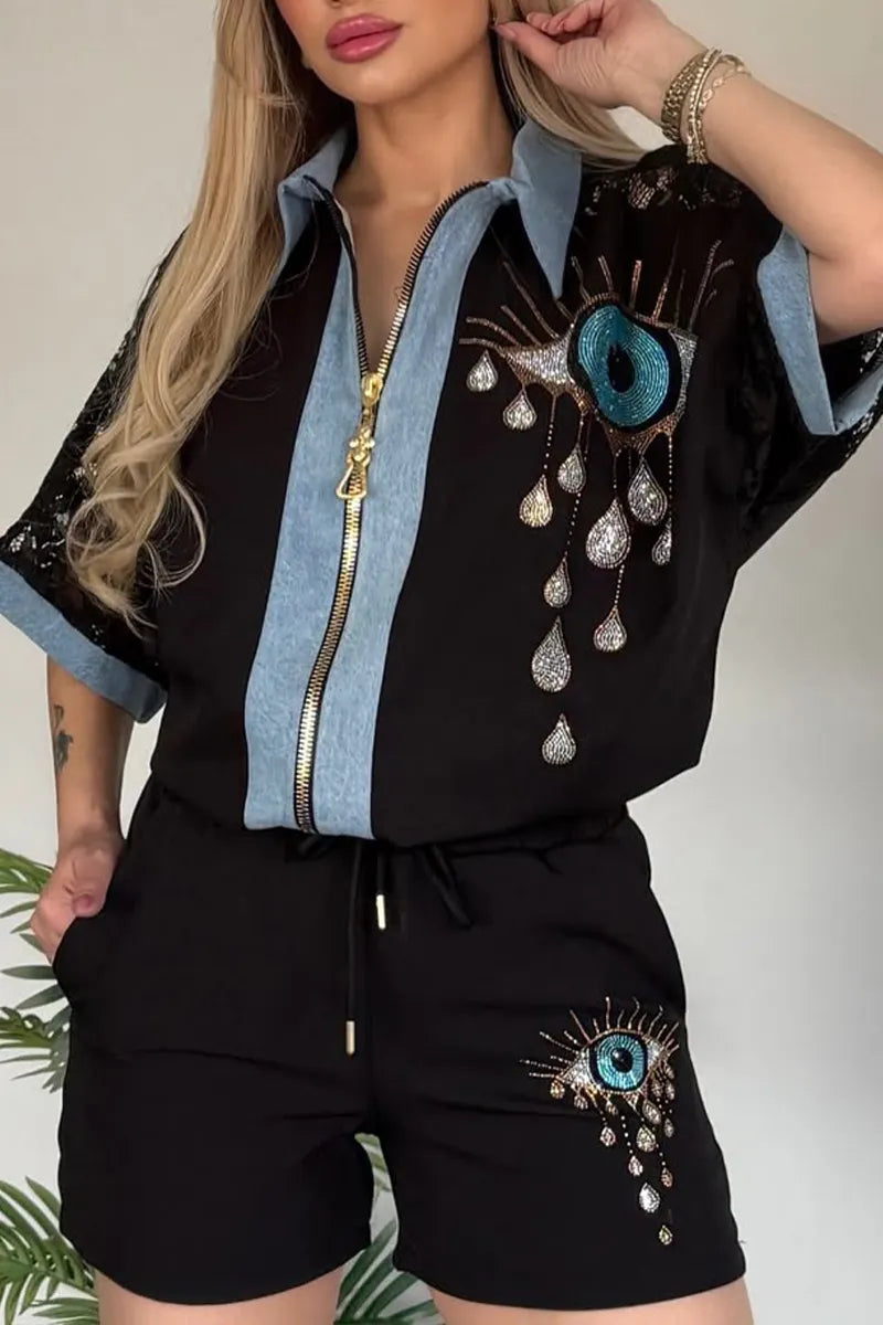 Women Collar Hot Stamping Diamond Pattern Splicing Denim Top+ Shorts Casual Set