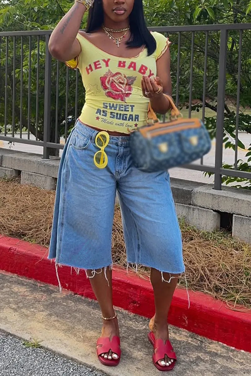 Women Casual U-neck Printed Top or Jeans