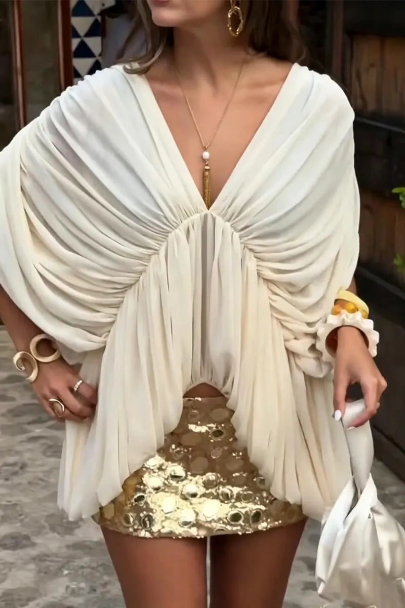 Women V-neck Elegant Temperament Irregular Top or Shiny Half Skirt