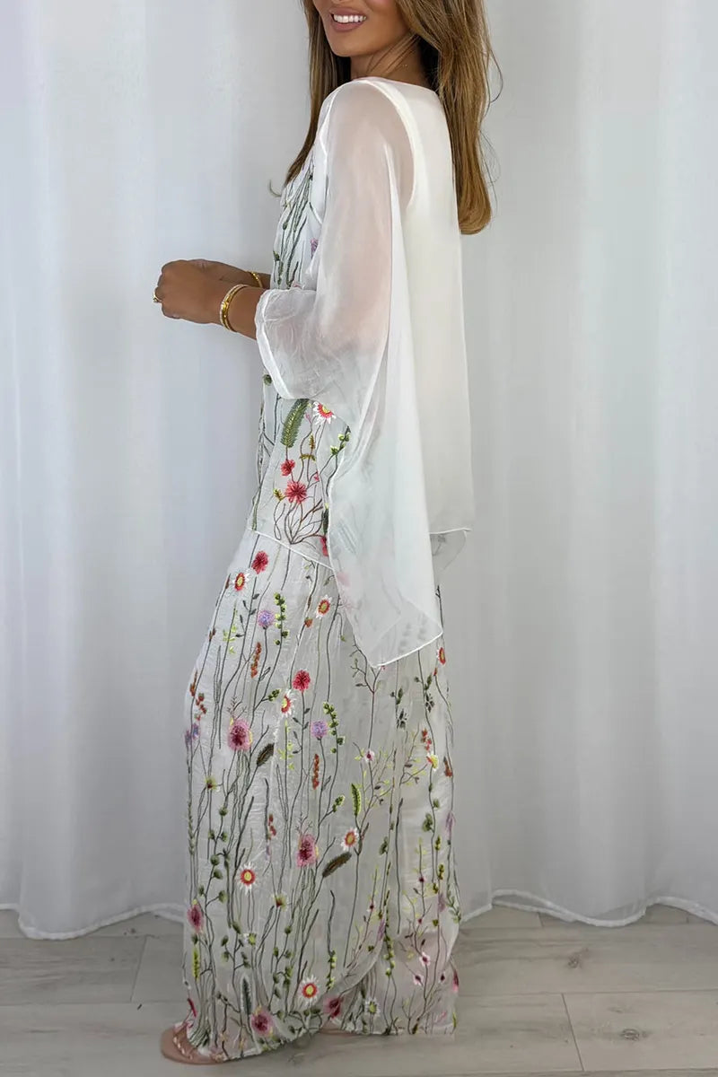 Women U-neckfloral Pattern Top+Wide Leg Pants Loose Casual Set