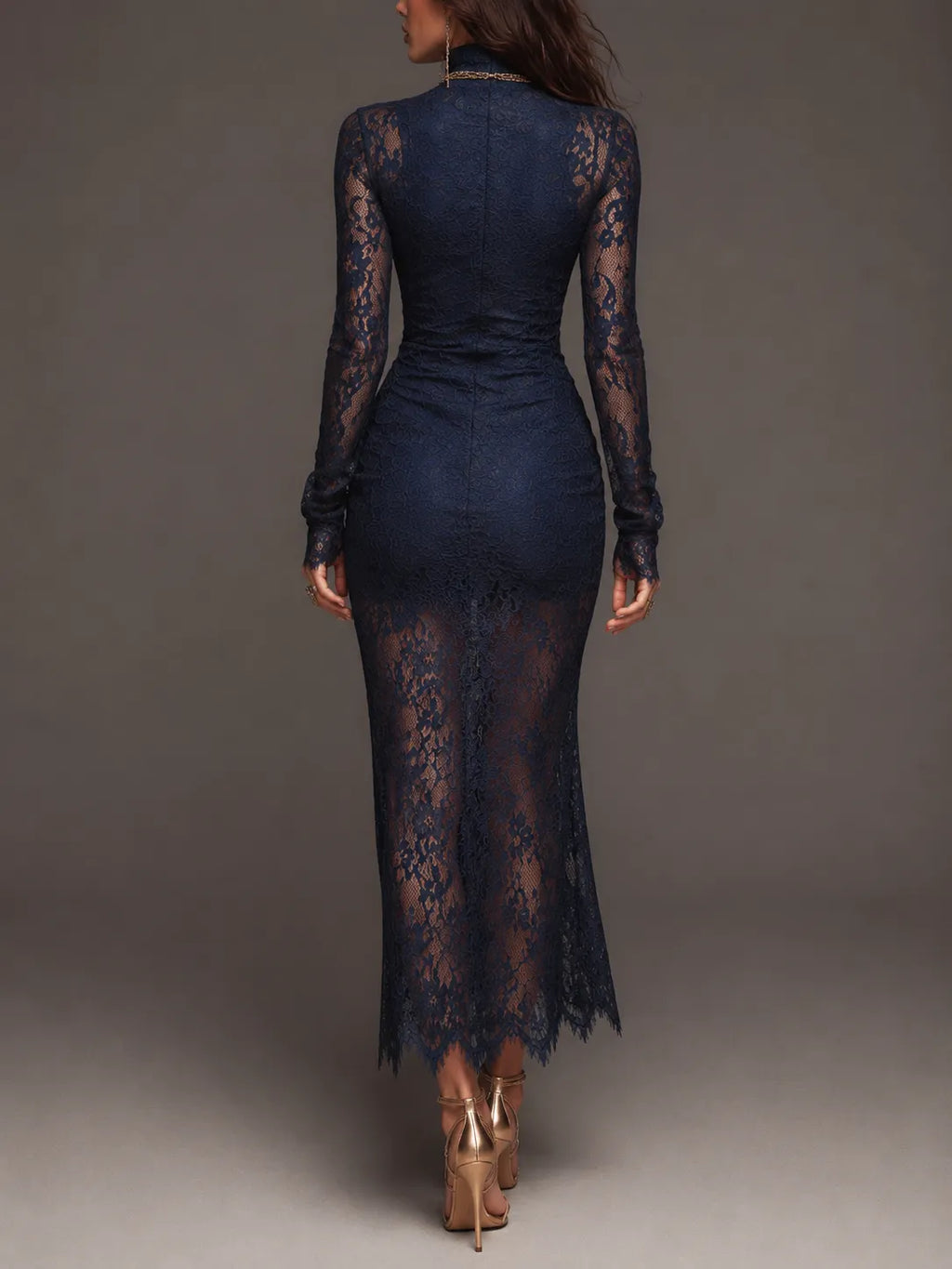 Romantic Bohemian High Neck Long Sleeve Ruched Side High Slit Scalloped Floral Lace Midi Bodycon Dress