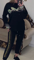 Womens Round Neck Rhinestone Casual Suit