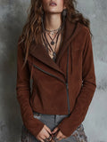 Women's Rust Brown Faux Suede Asymmetric Zip Moto Jacket with Rib-Knit Collar