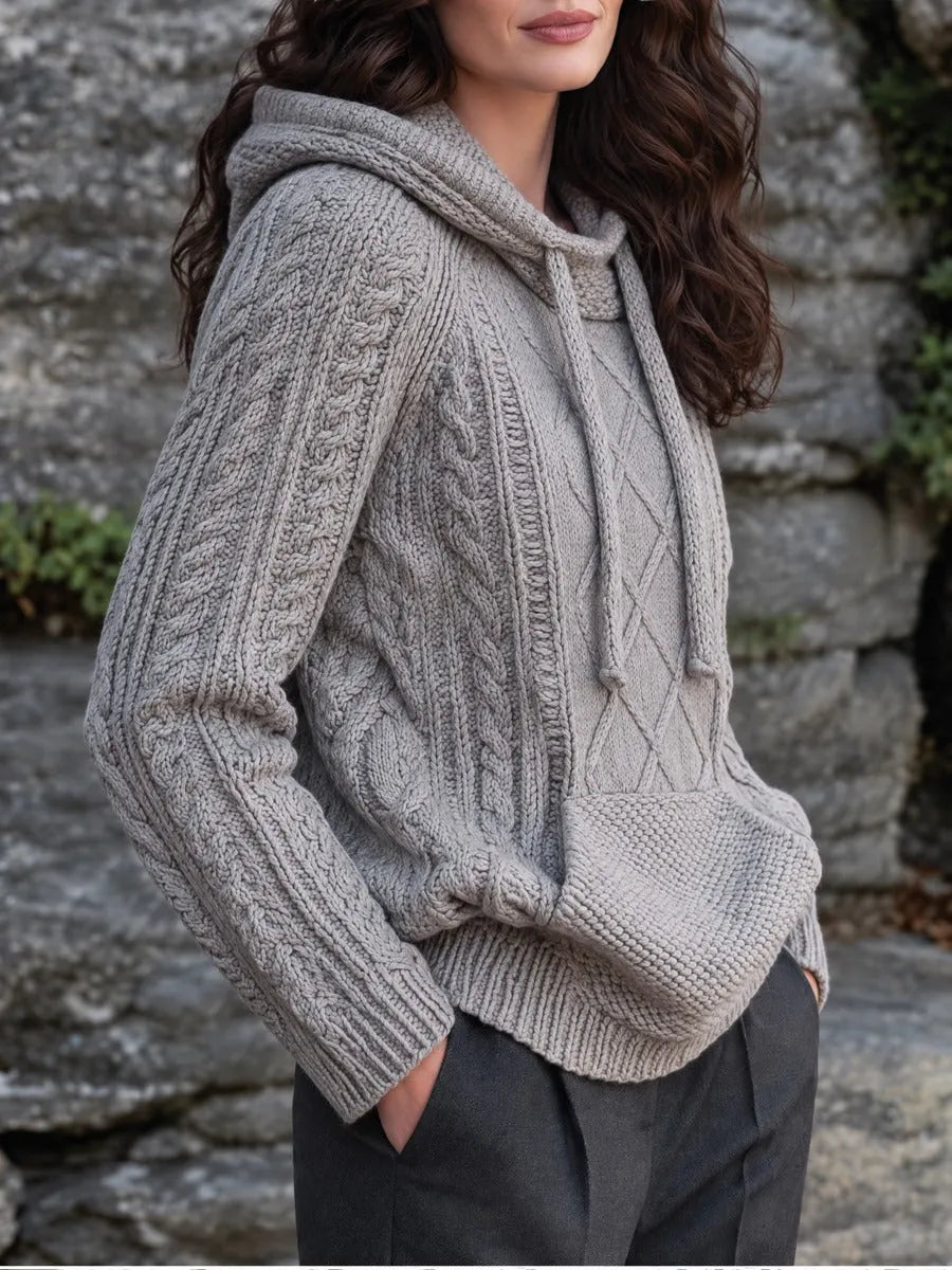 Grey Cable Knit Drawstring Hooded Pullover Sweater With Kangaroo Pocket
