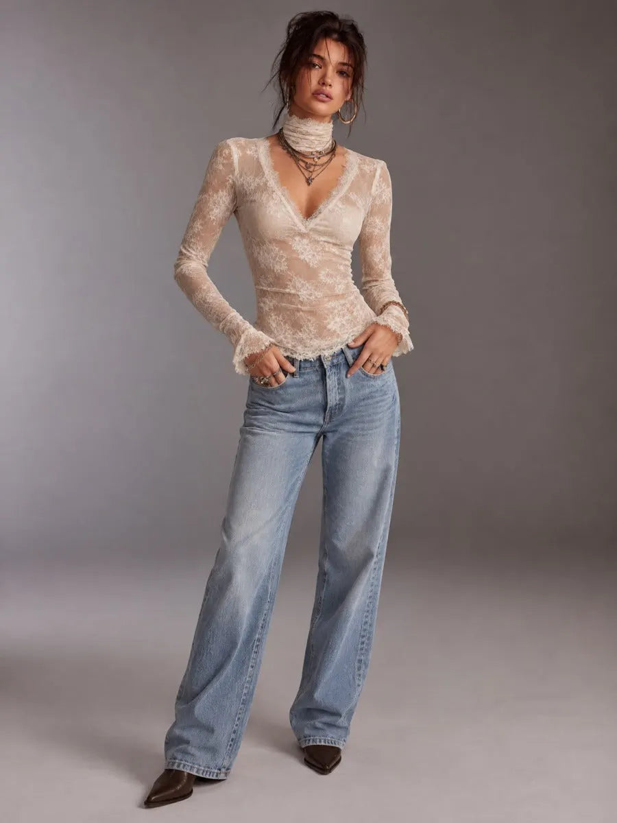 Ivory Sheer Floral Lace Deep V-Neck Long Sleeve Fitted Top with Eyelash Lace Trim