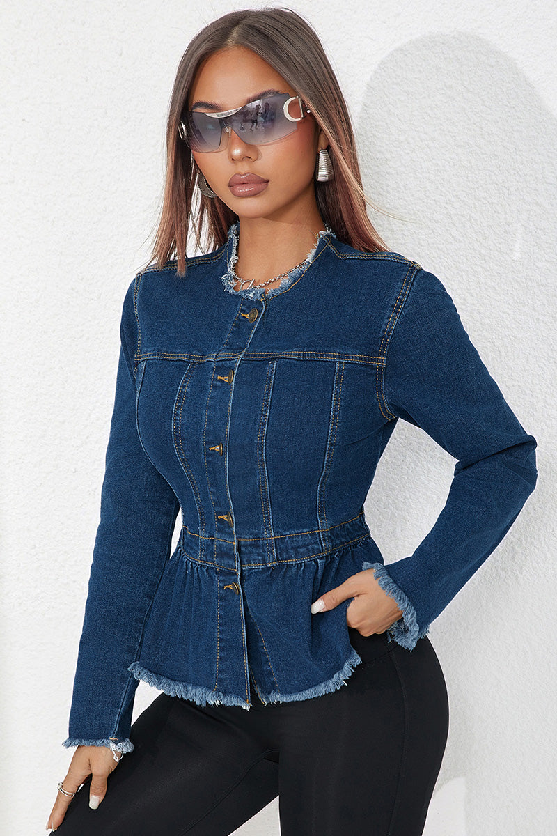 Women's Waist-Cinched Frayed Hem Denim Jacket