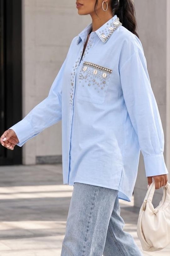 Women's The Astrid Jewel-Embellished Cotton Shirt with Crystal Collar - Sky Blue