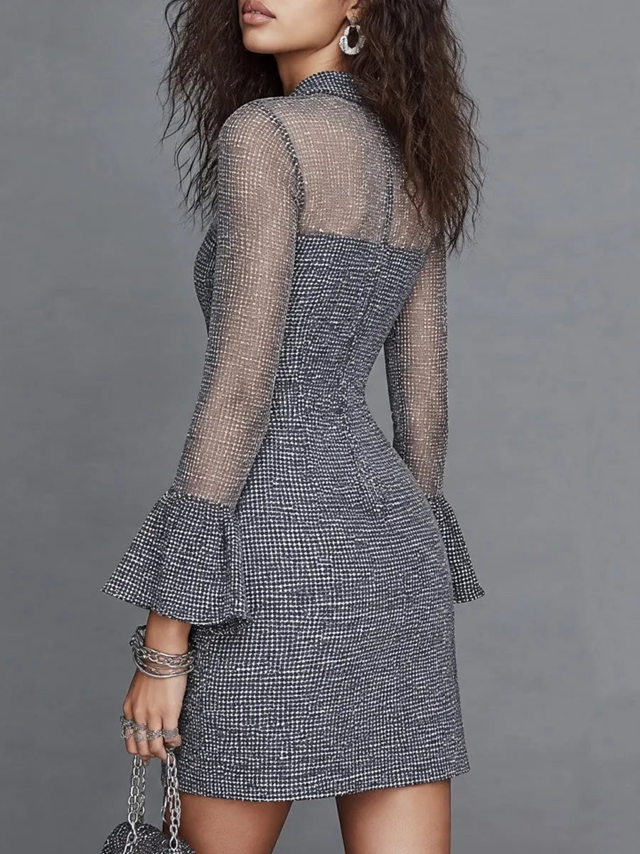 Vintage Sheer Mesh Sleeves And Bell Cuffs Tweed Tie-Neck Mini Dress