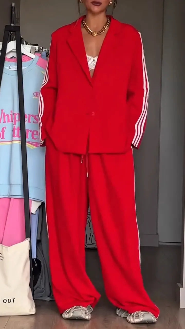 Ladies Collar Striped Casual Suit