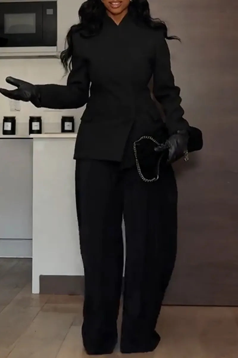 Women Round Neck Blazer +wide Leg Pants Temperament Commuting Formal Suit
