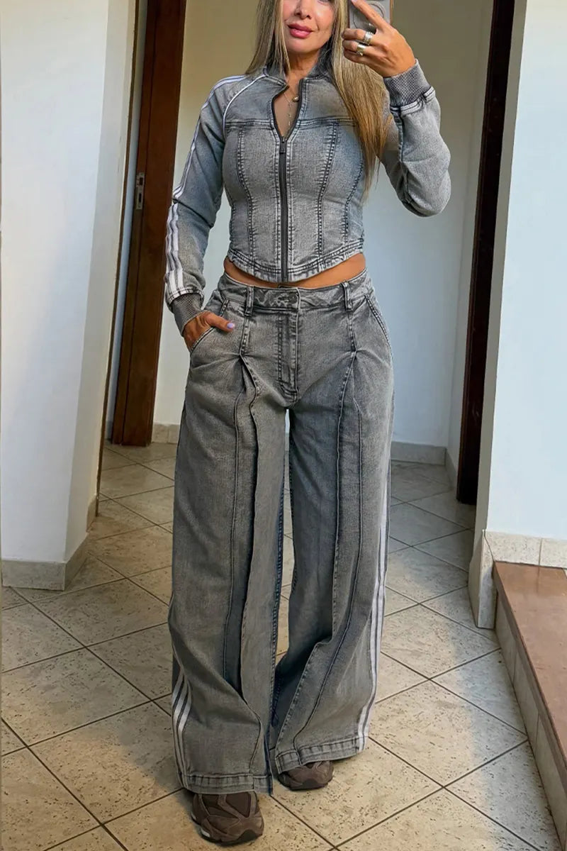 Women's Casual Slim Denim Jacket or Wide Leg Jeans