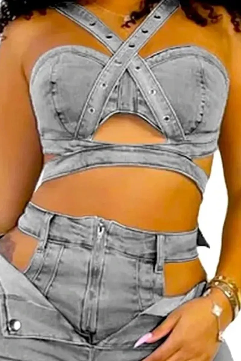 Ladies' Fashionable Denim Sleeve Short Top And Shorts