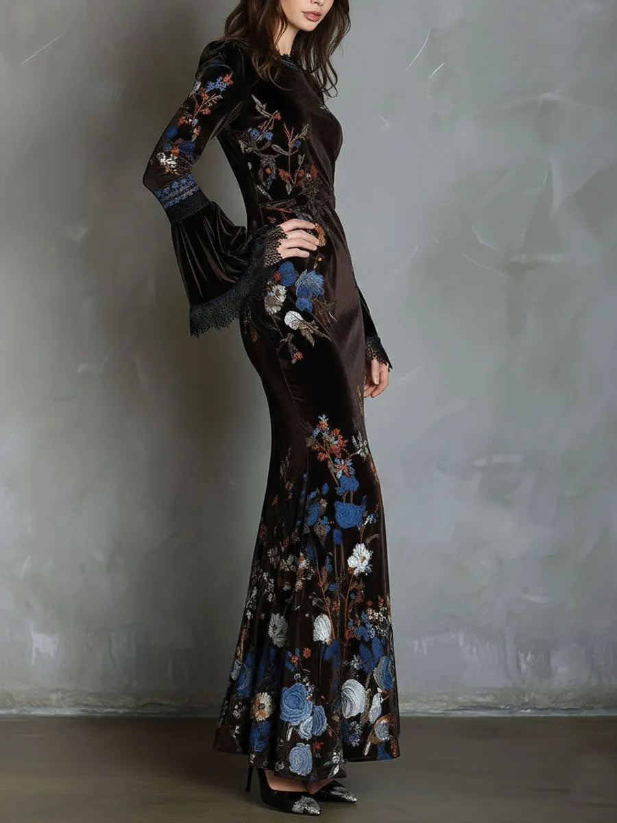 Elegance Midnight Velvet Floral Gown With Lace Trim
