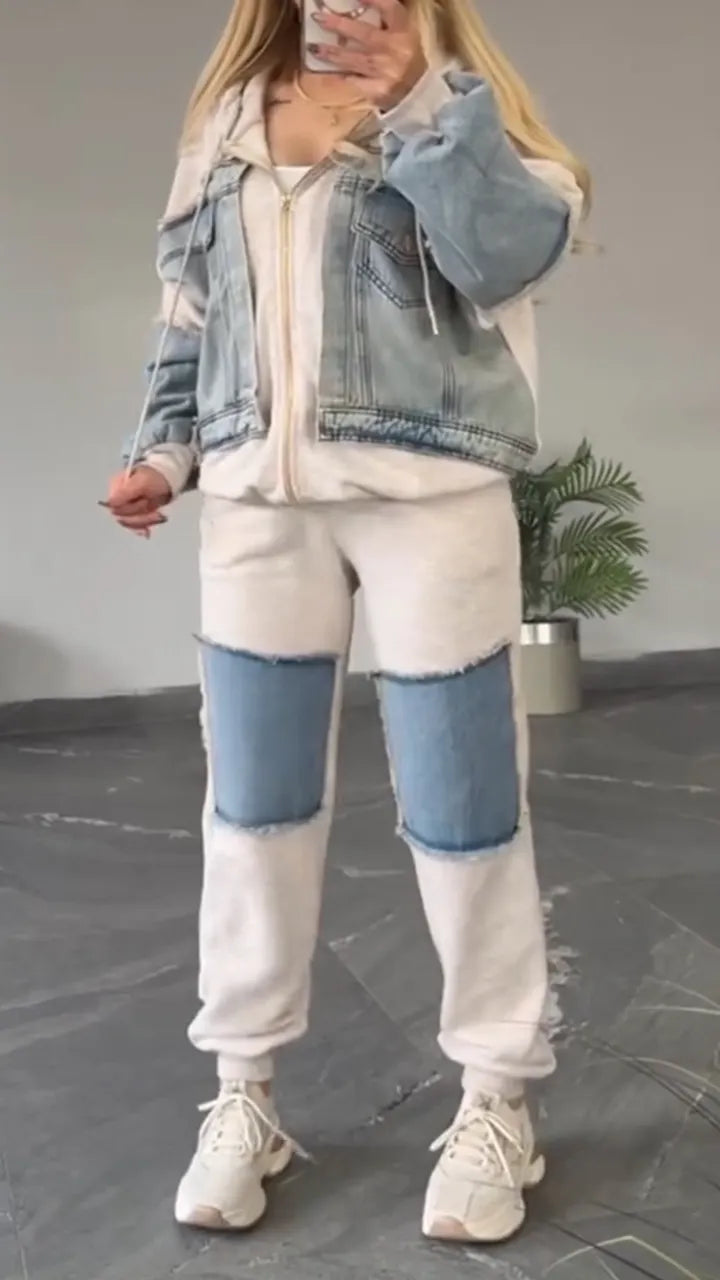 Women Collared Patchwork Denim Casual Suit
