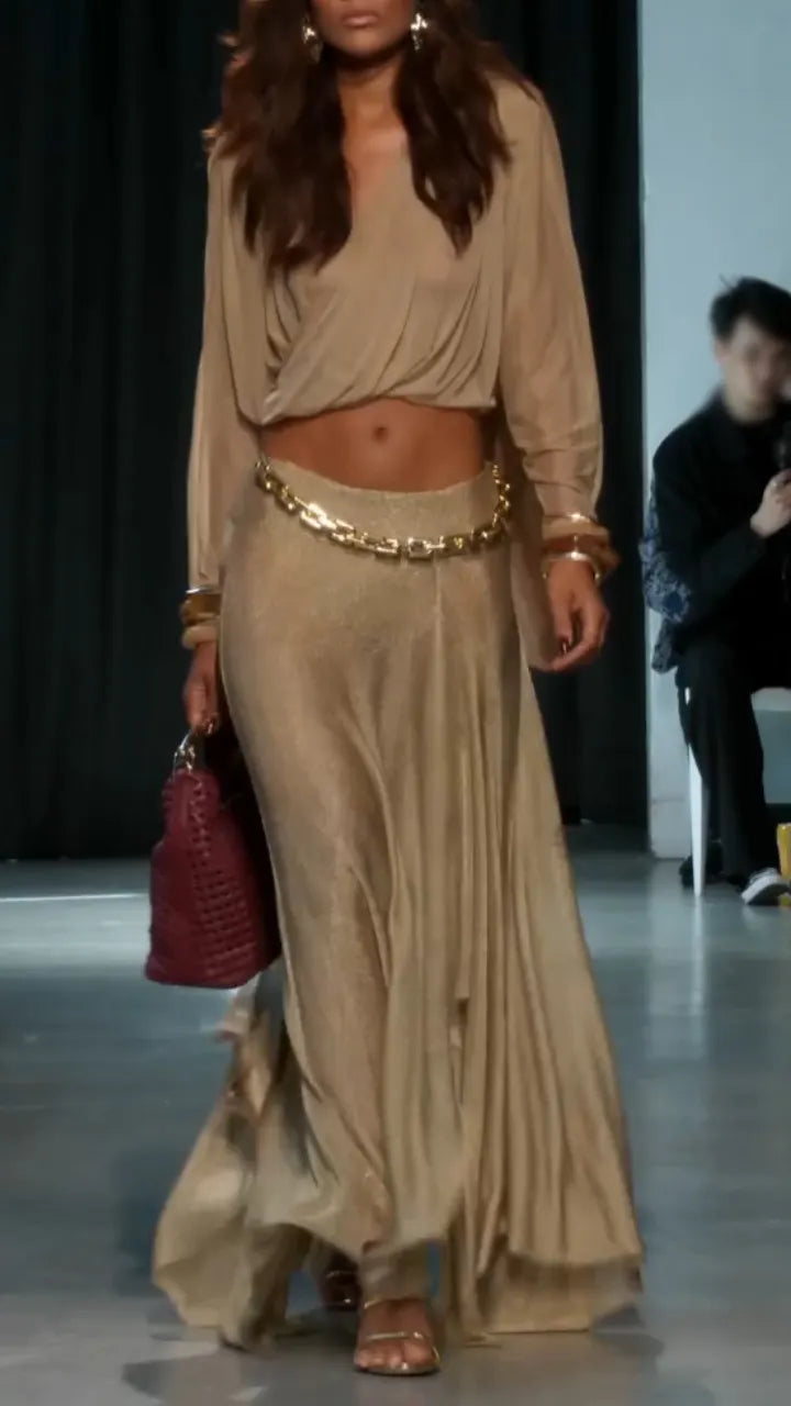 Women V-neck Top+ Half Skirt Elegant Temperament Set