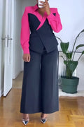 Women Collar Color Clash Blazer+ Wide Leg Pants Temperament Commuting Formal Suit