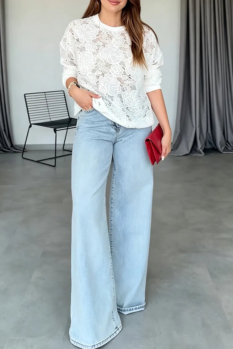Women's Casual Flower Pattern Decoration Crew Neck Top