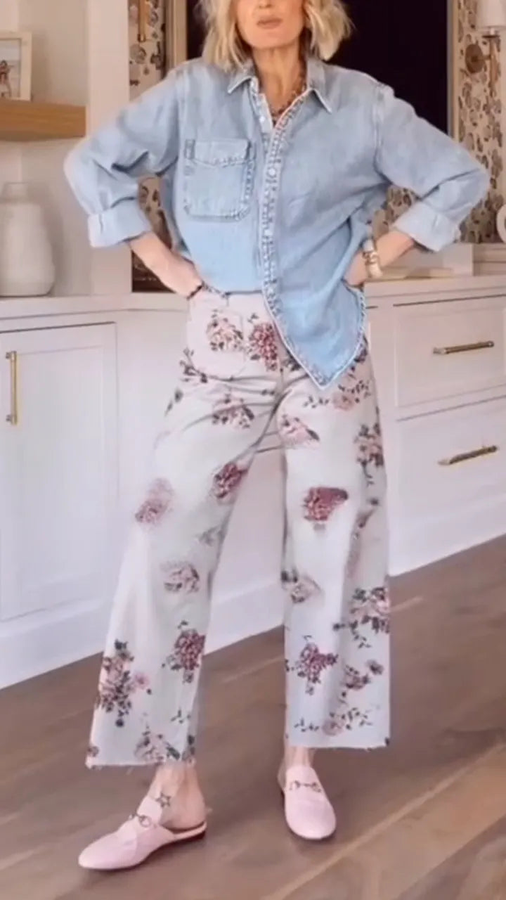 Women Collar Denim Top+ Printed Pants Casual Suit