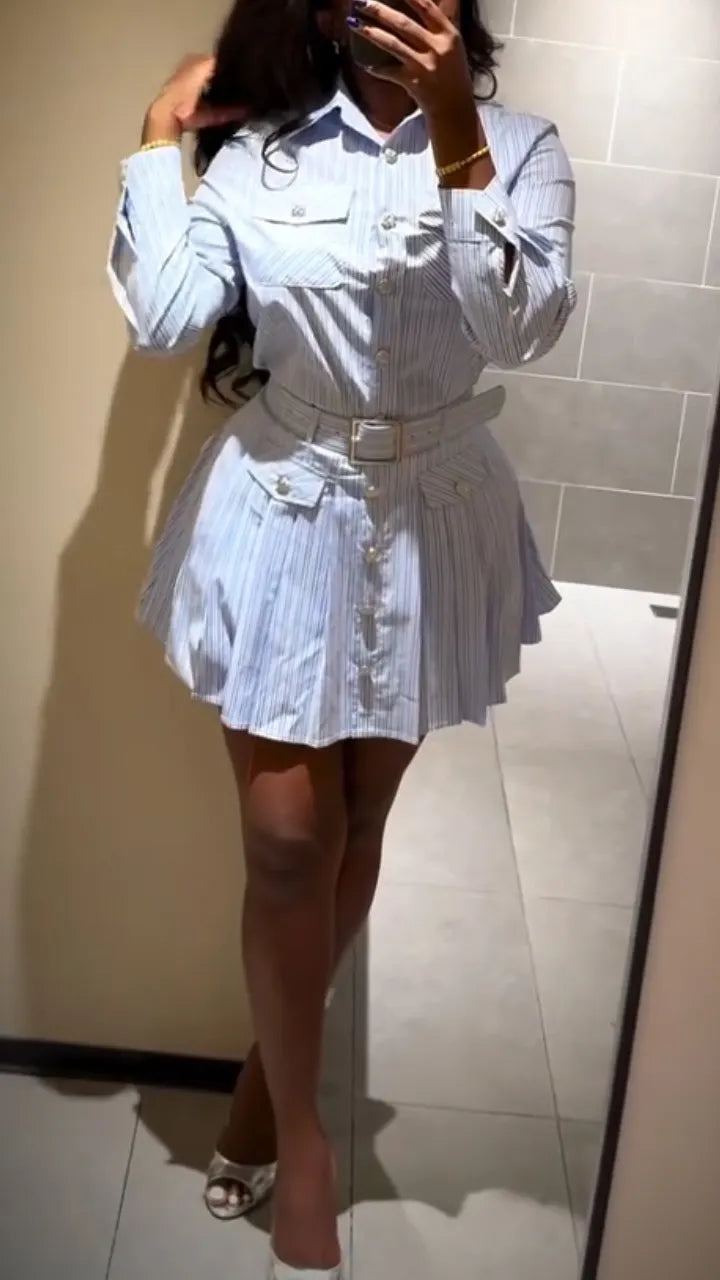 Women Collar Button Up Shirt + Half Skirt Casual Set