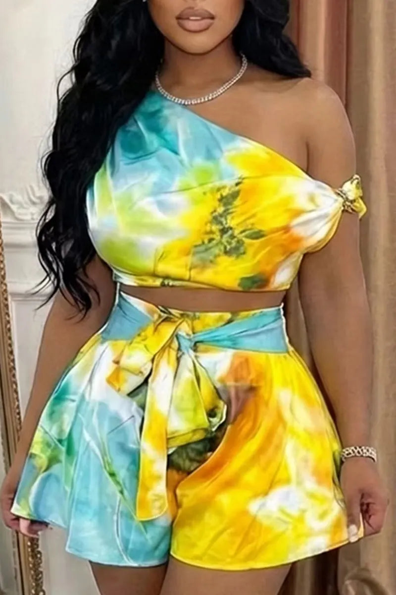 Women's Ombré Color Block Off Shoulder Vacation Top Or Gradient Loose Fit Shorts