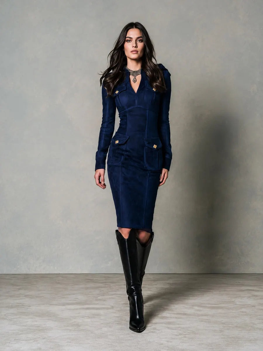 Retro Navy Blue Microsuede Gold-Tone Studs Midi Dress With Flap Pockets