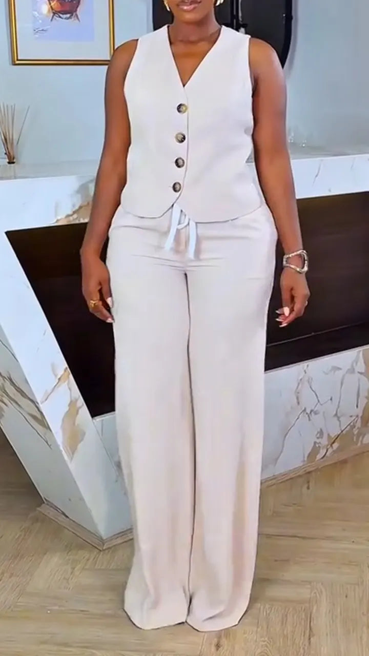 Women V-neck Breasted Top and Pants Casual Suit