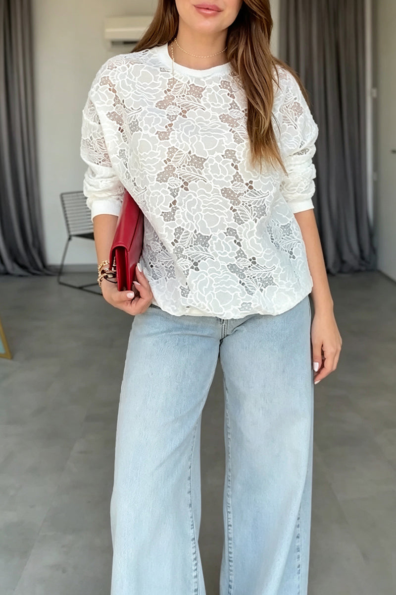 Women's Casual Flower Pattern Decoration Crew Neck Top