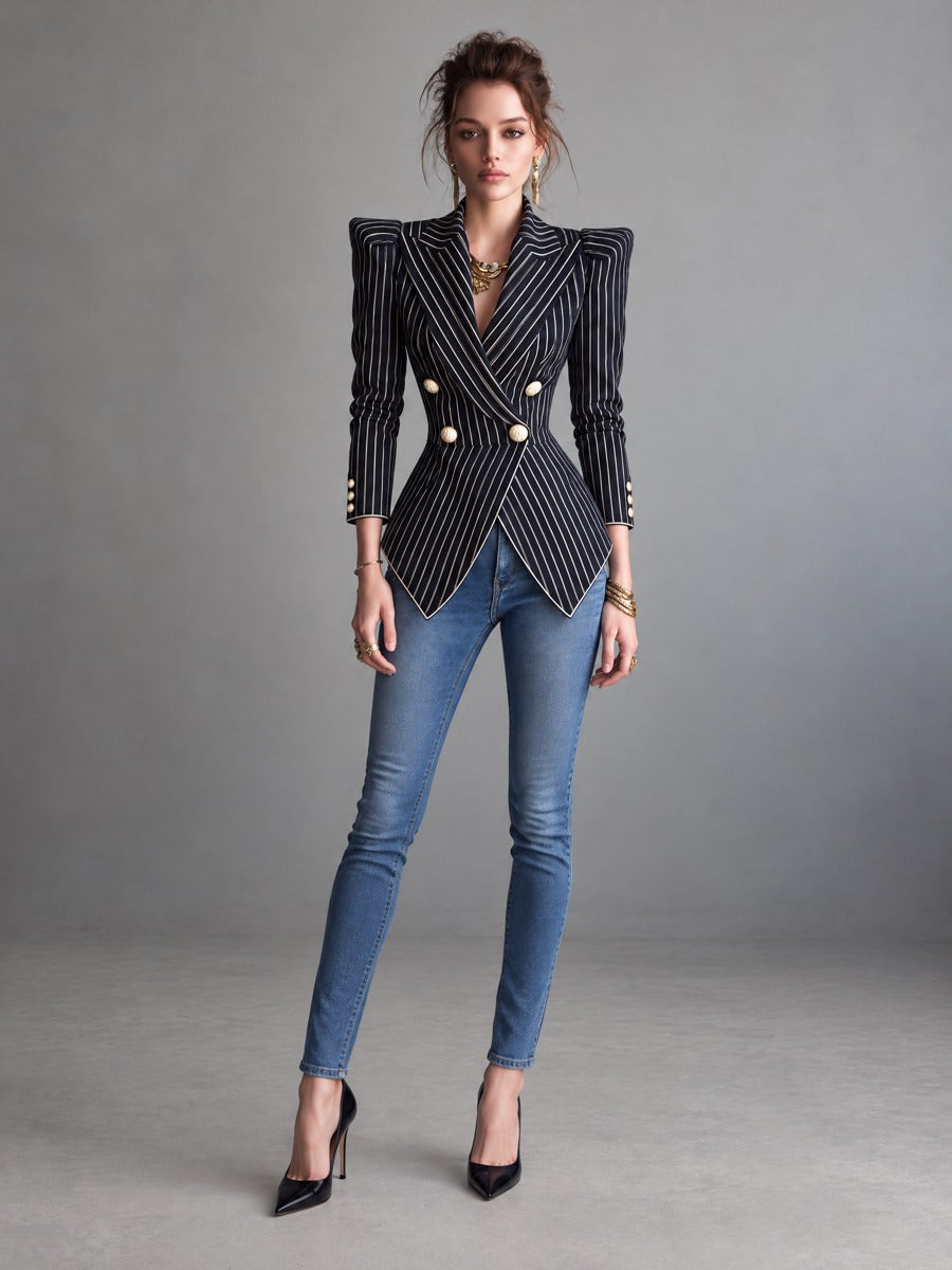 Navy Pinstripe Double-Breasted Blazer with Structured Shoulders and Nipped Waist