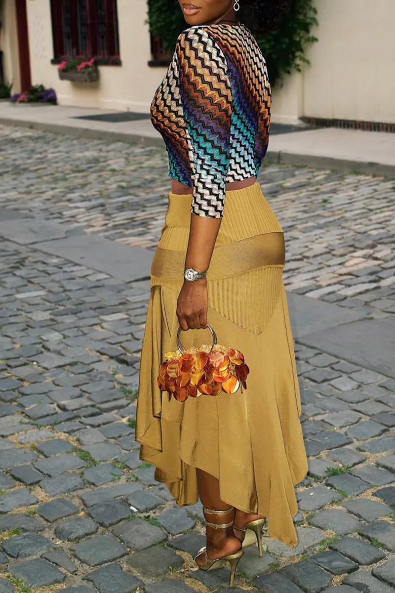 Women Elegant and Casual Deep V-neck Printed Top or Irregular Patchwork Skirt