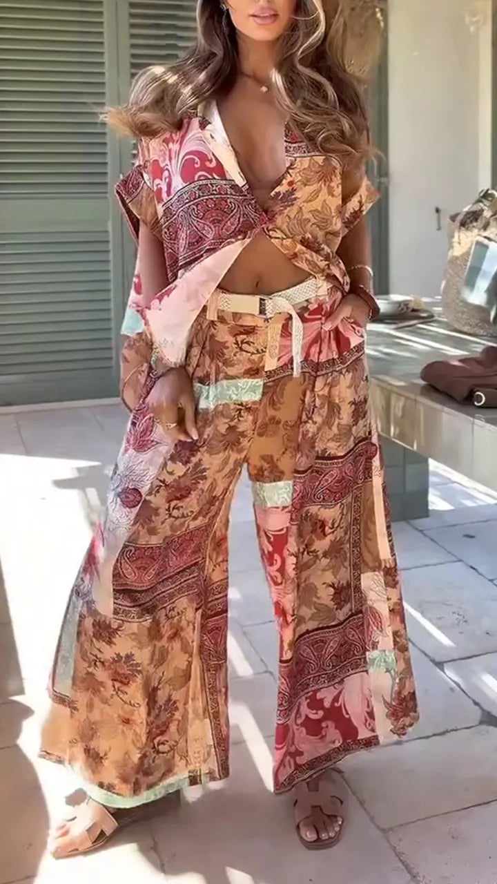 Women Collar Printed Shirt + Wide Leg Pants Loose Casual Suit