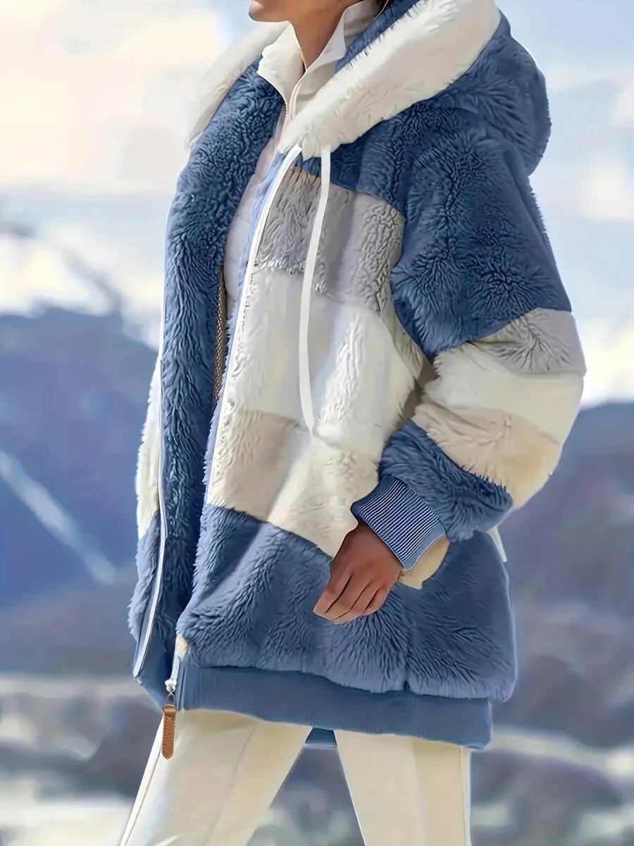 Women's Hooded Contrasting Color Casual Plush Coat