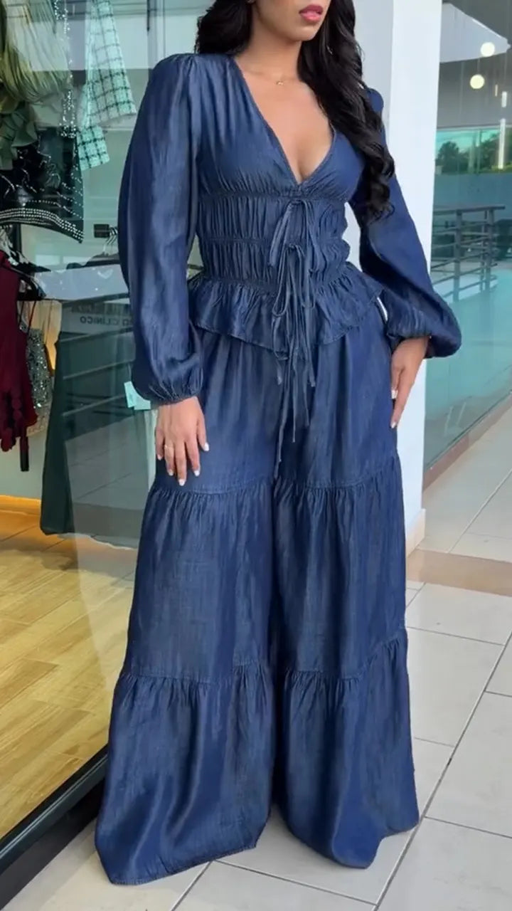 Women V-neck Fitted Top + Wide-leg Pants Solid Color Casual Set