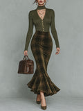 Vintage Keyhole-neck Ribbed Top & Olive Plaid Velvet Mermaid Skirt Set