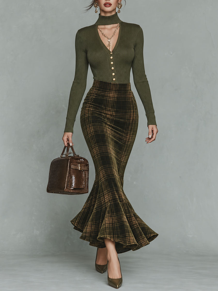 Vintage Keyhole-neck Ribbed Top & Olive Plaid Velvet Mermaid Skirt Set