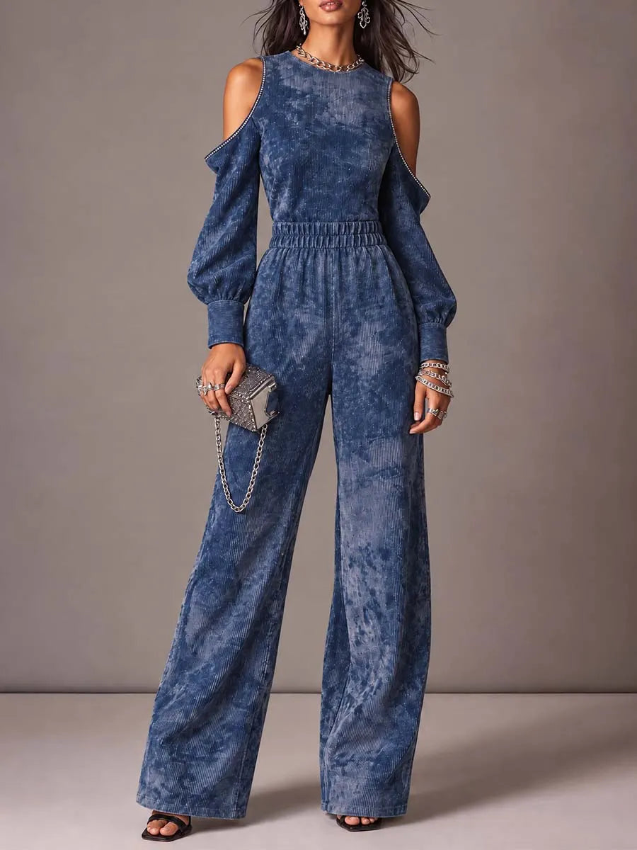 Blue Mottled Cold-Shoulder Wide-Leg Jumpsuit with Long Blouson Sleeves