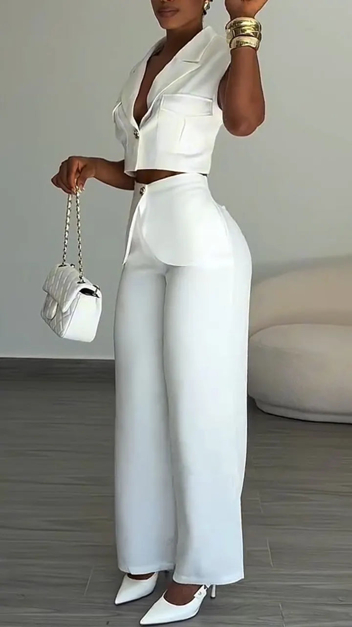 Women Collar Short Top + Patchwork Pants Temperament Commuting Suit