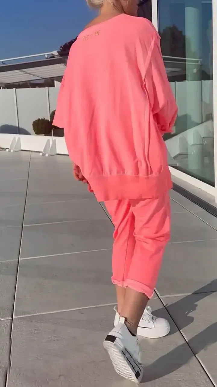 Women's Round Neck Slit Fluorescent Color Casual Suit