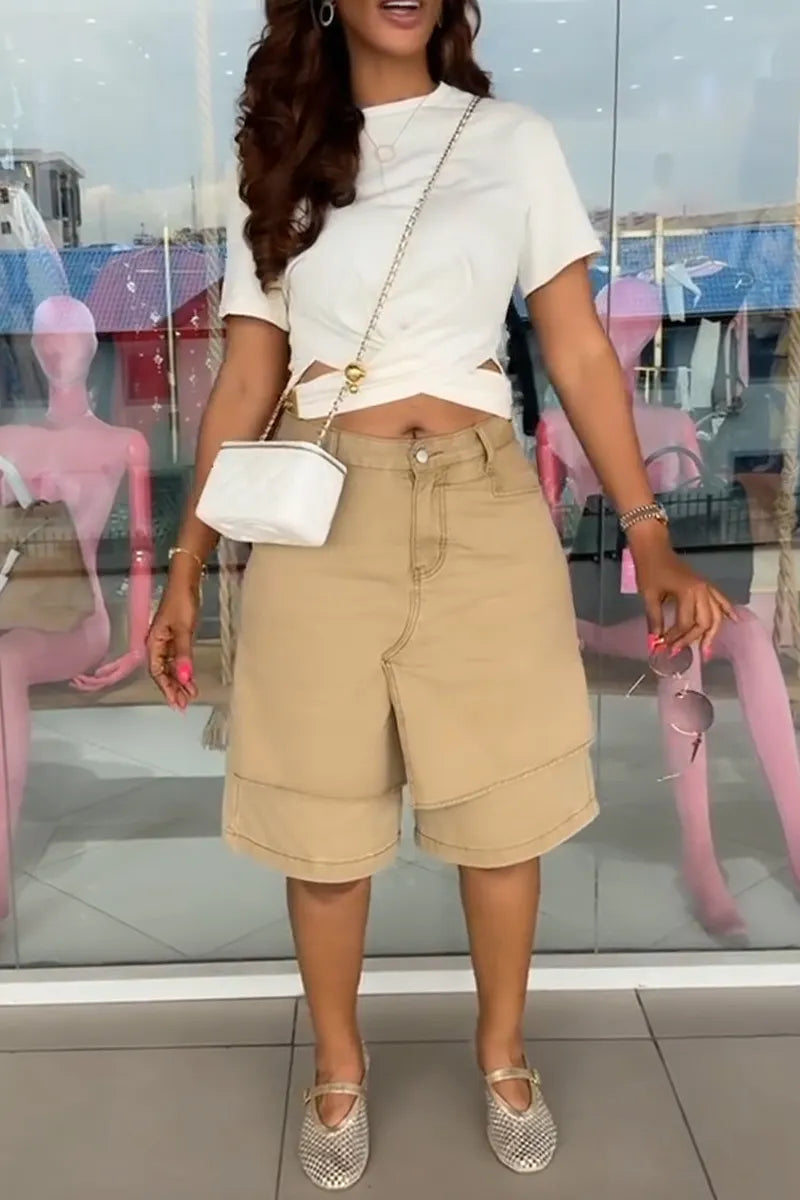Women Casual Round Neck Hollow Out Short Sleeved or Spliced Denim Shorts