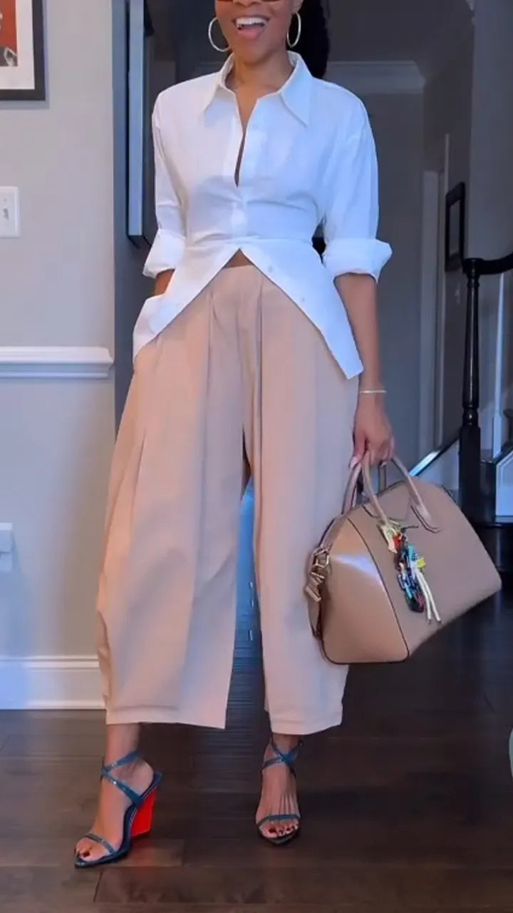Women Collar Solid Color Shirt + Pants Temperament Casual Suit
