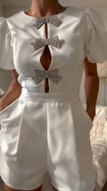 Women Round Neck Hollow Diamond Hot Stamping Bow Elegant Temperament Jumpsuit