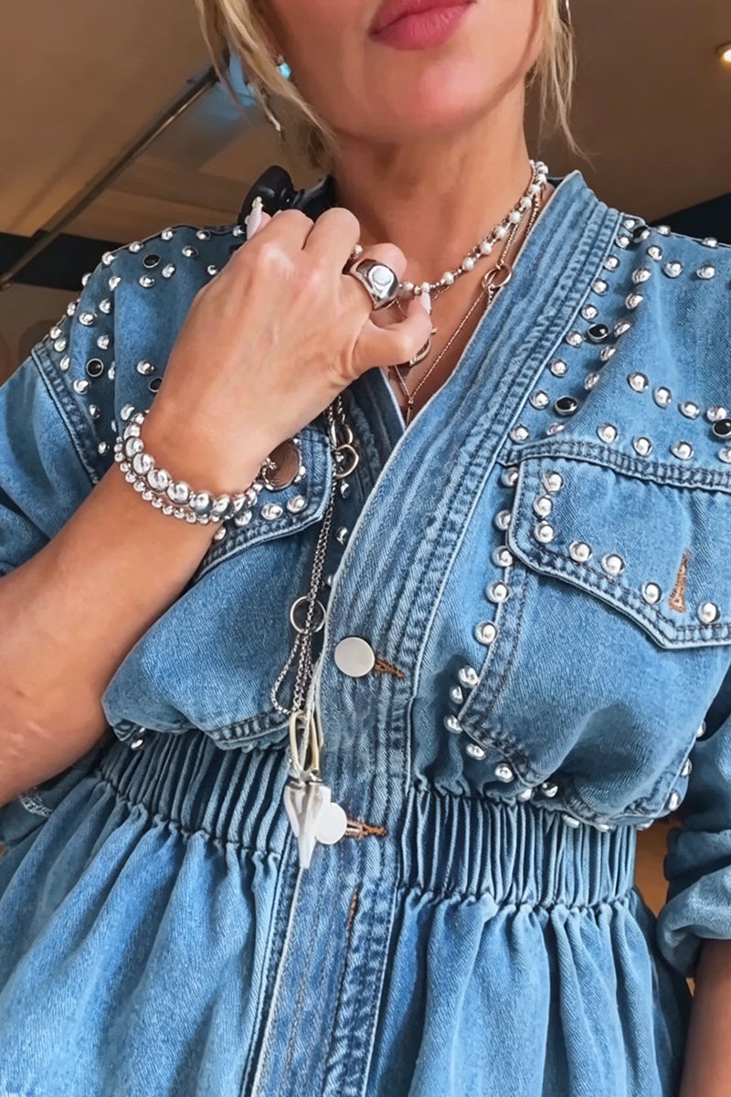 Women's Fashion Rivet Decoration Waist Cinching Denim Jacket