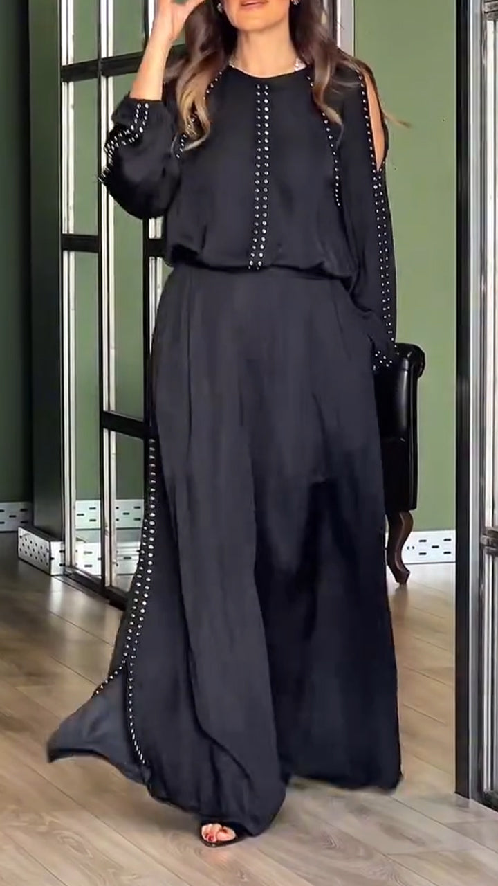 Women Round Neck Nail Drill Sleeve Hollow Top + Wide Leg Pants Casual Suit