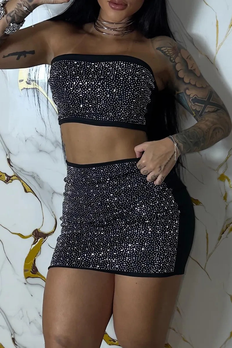 Women's Sparkly Rhinestone Bandeau Crop Top & Bodycon Skirt