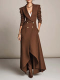 Women's Brown Double-Breasted Gold Buttons Blazer Maxi Dress With Asymmetric Hem