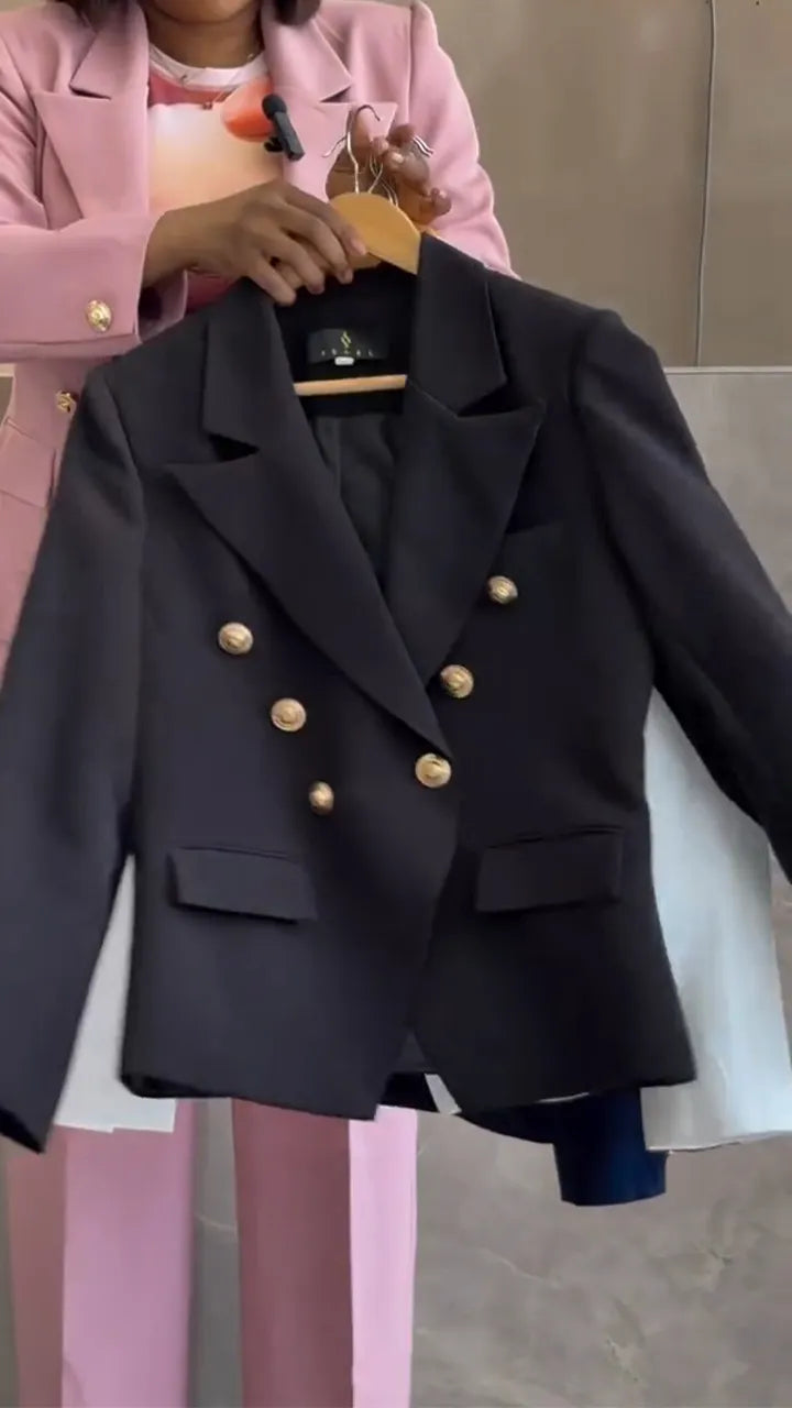 Women Collar Double Row Buckle Blazer + Pants Temperament Commuting Suit