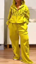 Womens Hooded Printed Jacket+ Pants Casual Set